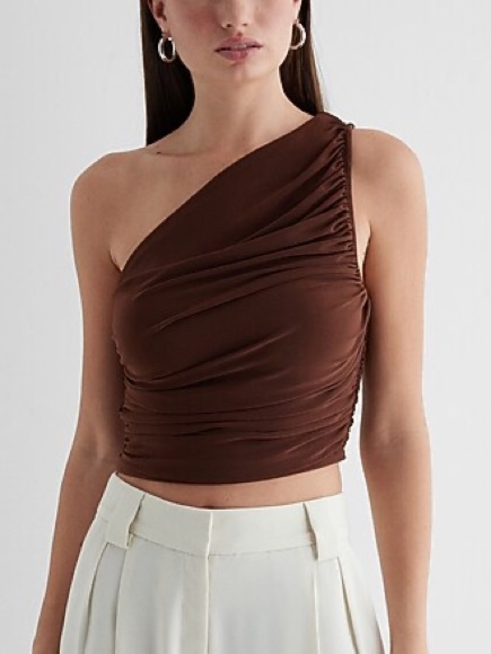 Express Chocolate Brown Ruched One Shoulder Top Size M